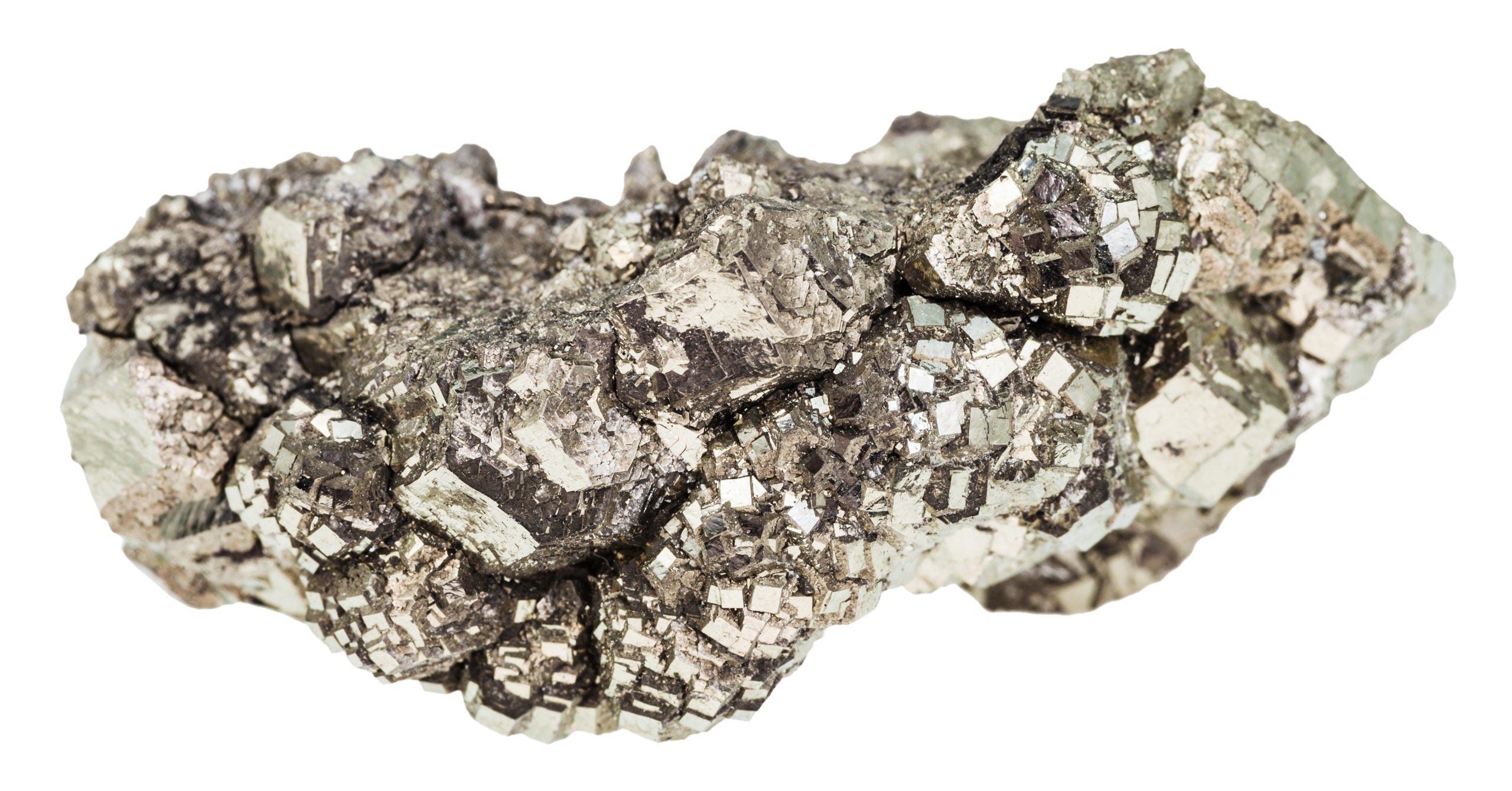 macro shooting of geological collection mineral - specimen of marcasite stone (white iron pyrite) isolated on white background