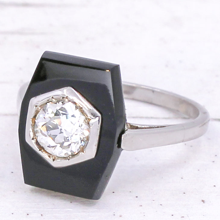 Art Deco 0.56 Carat Old Cut Diamond & Onyx Ring, circa 1930