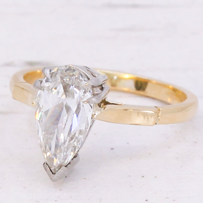 Vintage 1.50 Carat Old Pear Cut Diamond Solitaire Ring, circa 1930