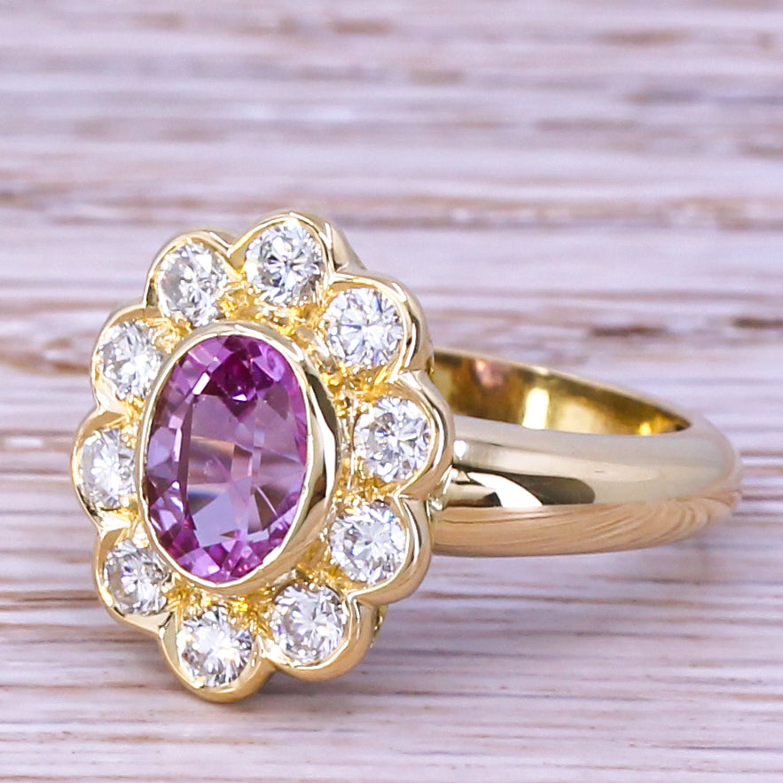 Mid Century 2.00 Carat Natural Pink Ceylon Sapphire & Diamond Cluster Ring, circa 1965