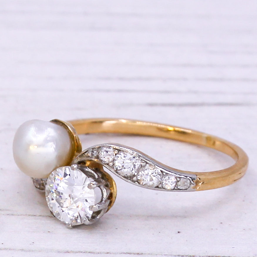 Edwardian Natural Pearl & 0.70 Carat Old Cut Diamond Ring, circa 1910