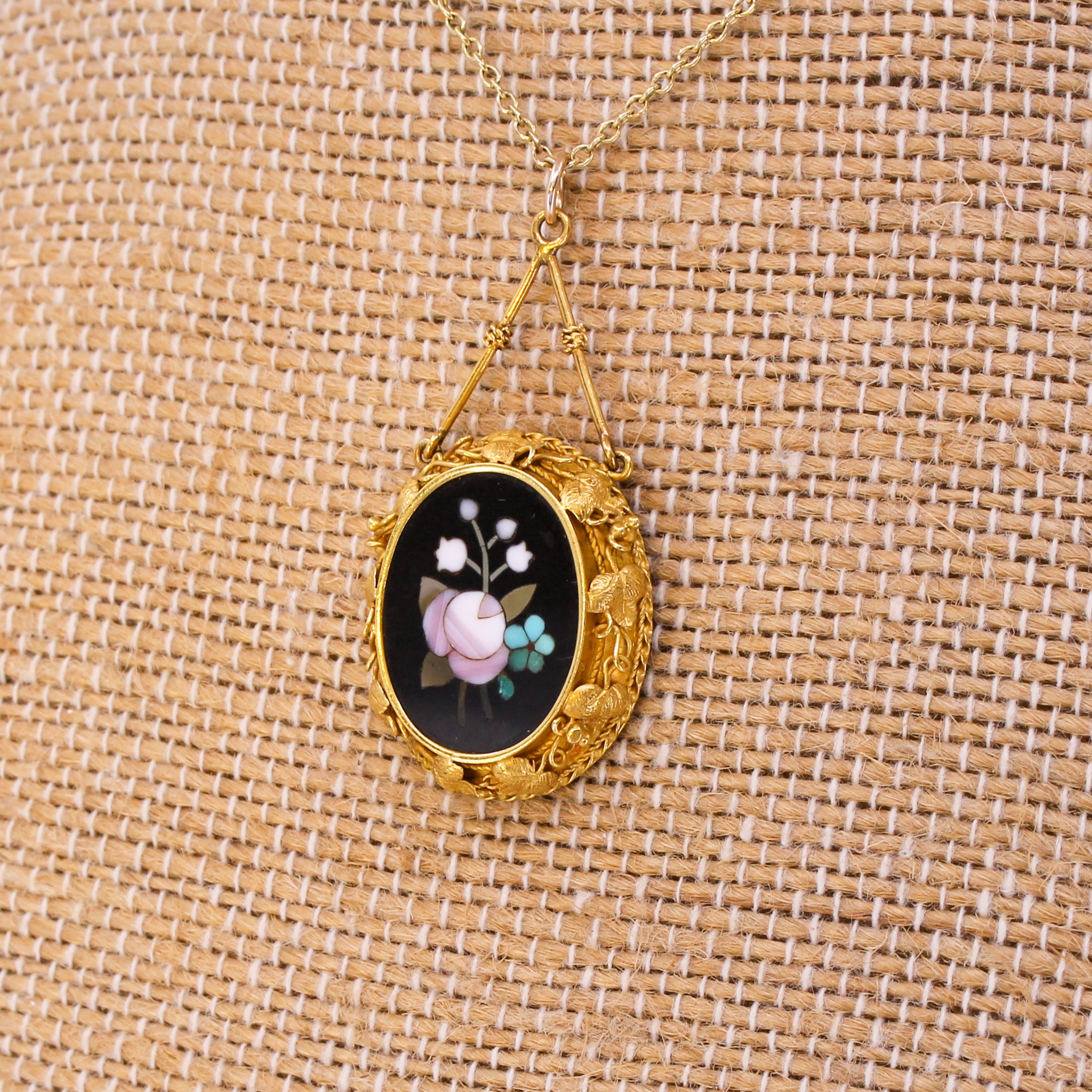 Victorian Pietra Dura Floral Mosaic Pendant Necklace, circa 1880