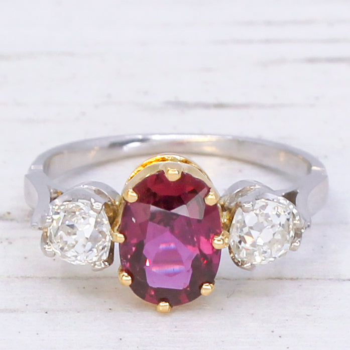 unheated ruby and diamond three stone