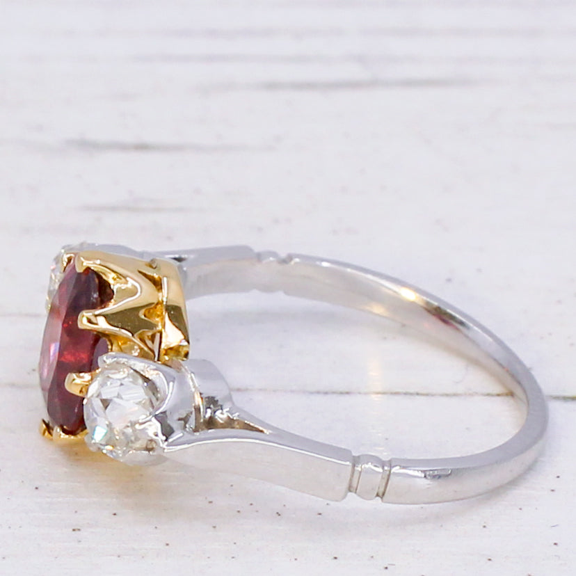 unheated ruby and diamond three stone