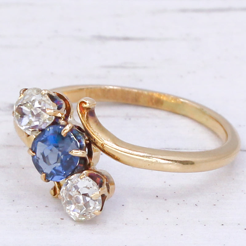 Antique 0.70 Carat Sapphire & 1.00 Carat Old Cut Diamond Trilogy Ring, circa 1905