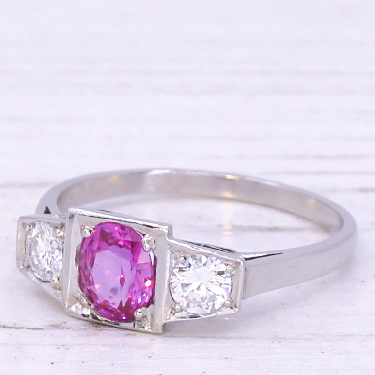 Mid Century 0.96 Carat Pink Sapphire & Diamond Three Stone Ring, circa 1960