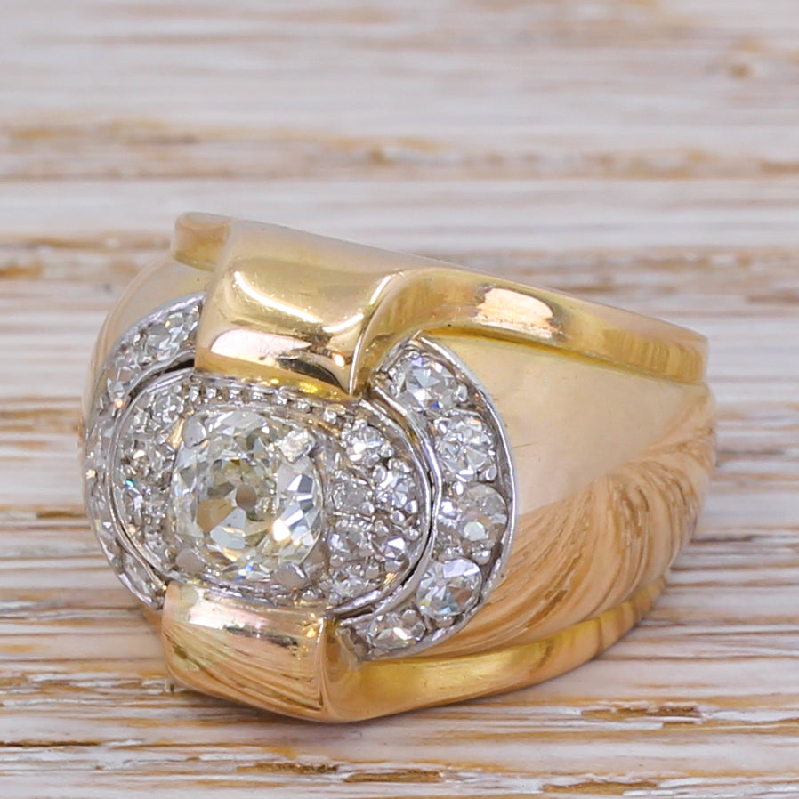 Retro 1.36 Carat Old Cut Diamond Cluster Ring, circa 1950