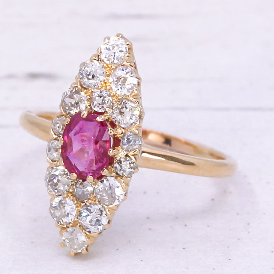 Victorian 0.84 Carat Burmese Ruby & Diamond Navette Ring, circa 1890