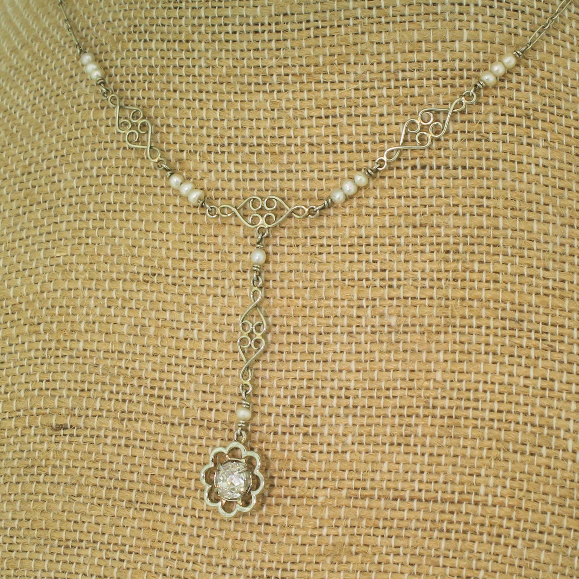 Mid Century 0.65 Carat Old Cut Diamond & Seed Pearl Necklace, circa 1950