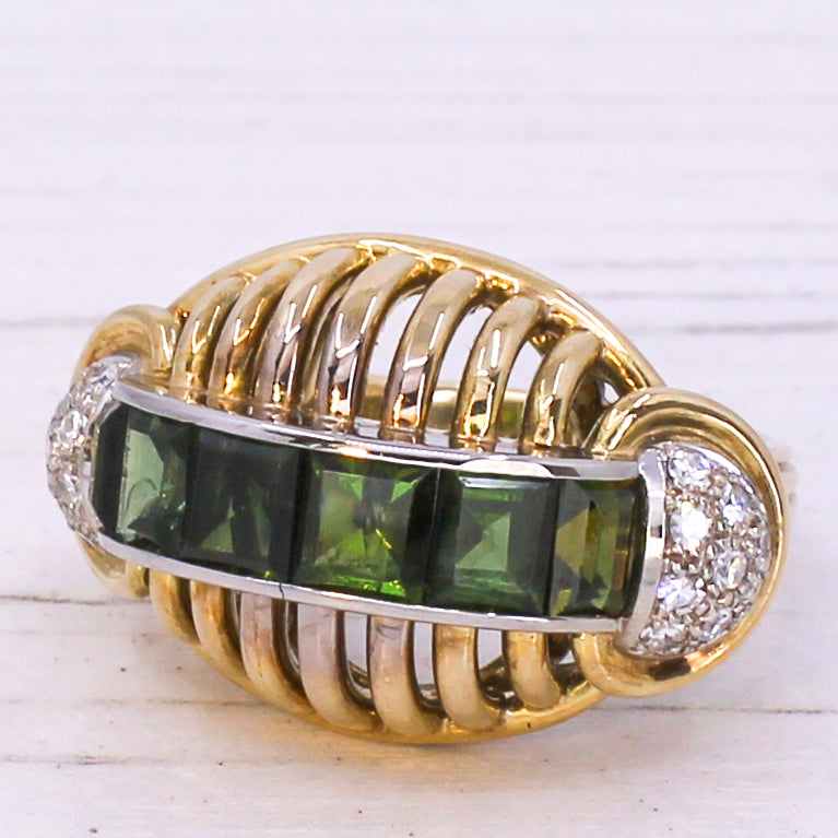 Retro Green Tourmaline & Diamond Cocktail Ring, circa 1945