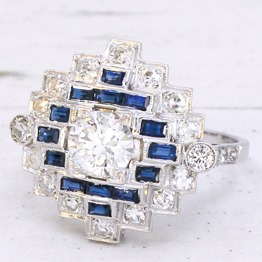 Art Deco 0.90 Carat Diamond & Sapphire Cluster Ring, circa 1940