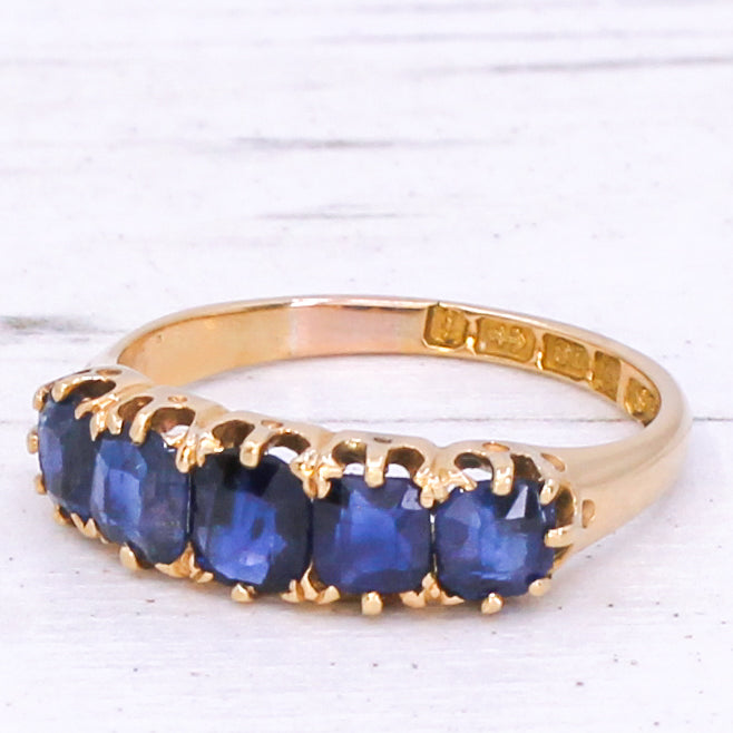 Victorian 1.95 Carat Natural Sapphire Five Stone Ring, dated 1893