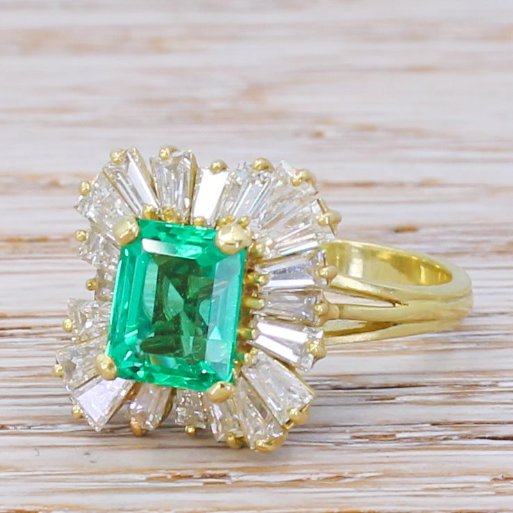 Mid Century 1.91 Carat No Oil Colombian Emerald & Diamond Ballerina Ring, circa 1965