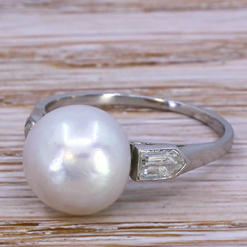 Art Deco Natural Pearl & Diamond Solitaire Ring, circa 1915