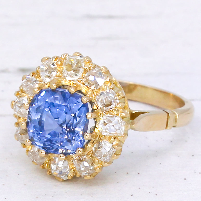 Victorian 2.99 Carat Ceylon Sapphire & Diamond Cluster Ring, circa 1900
