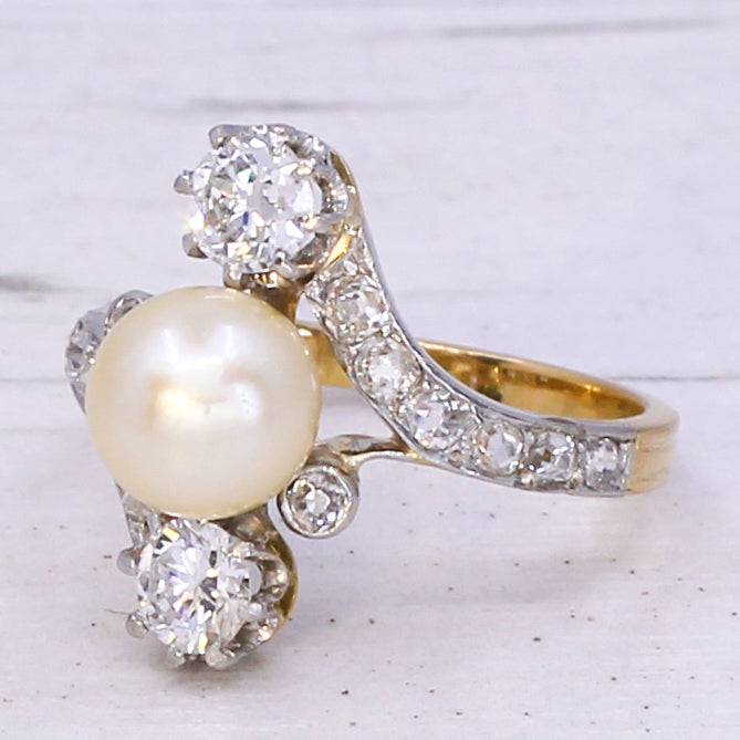 Art Nouveau Pearl & 1.07 Carat Diamond Ring, circa 1910