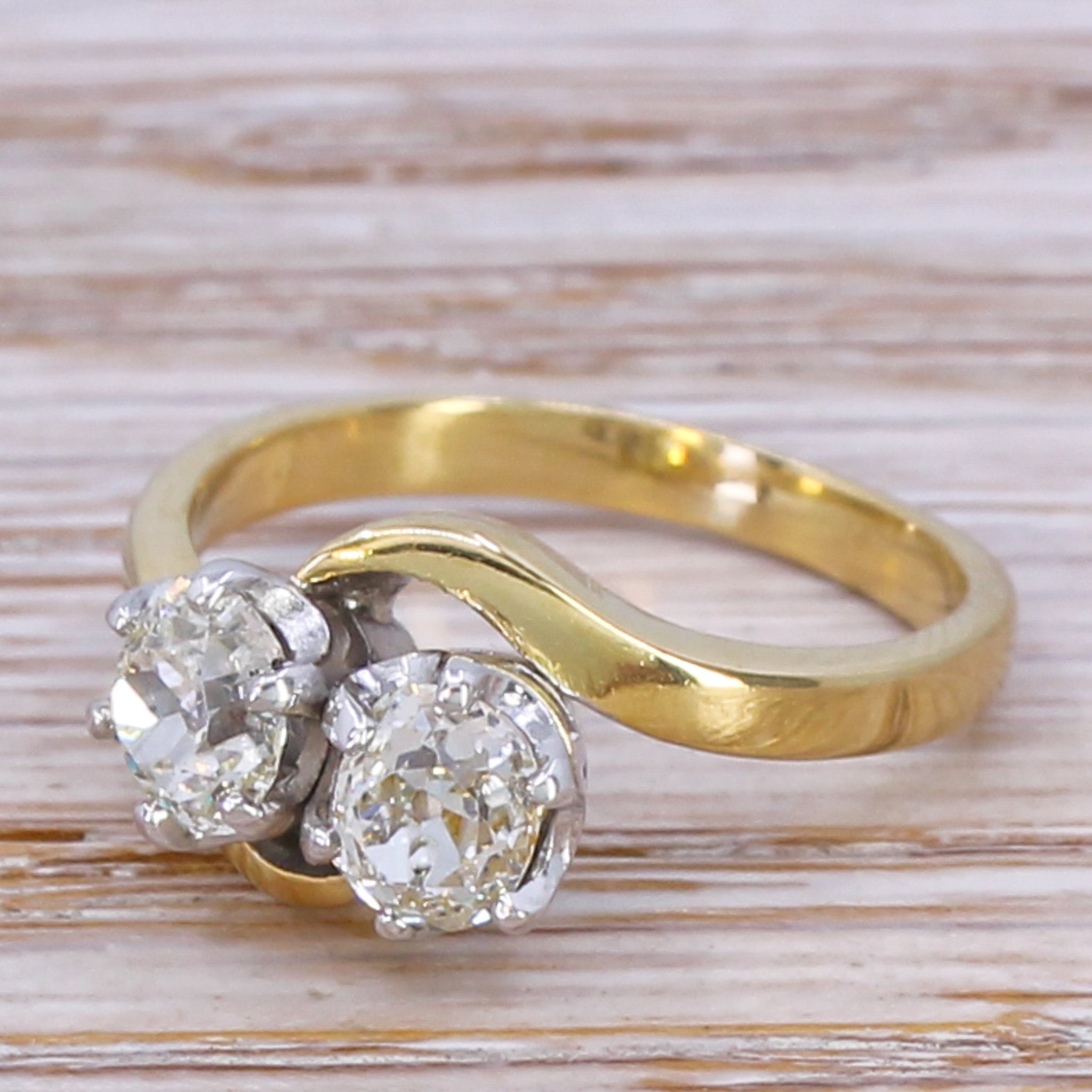 0.97 Carat Old Cut Diamond Two Stone Ring, 18k Gold