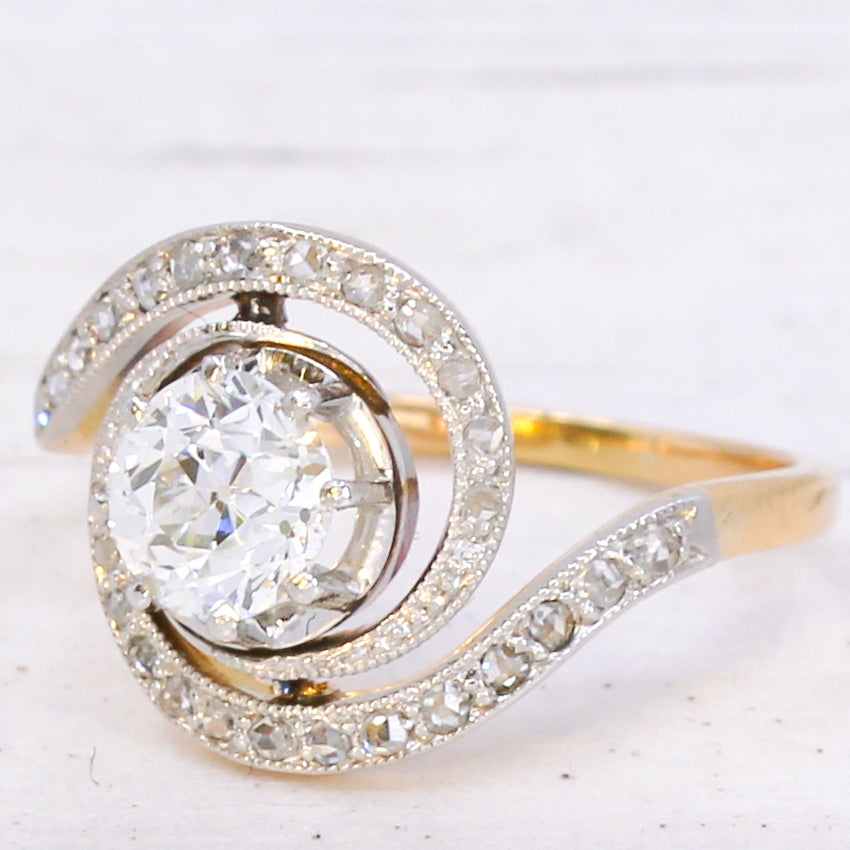 Antique 1.00 Carat Old Cut Diamond Tourbillon Ring, circa 1915
