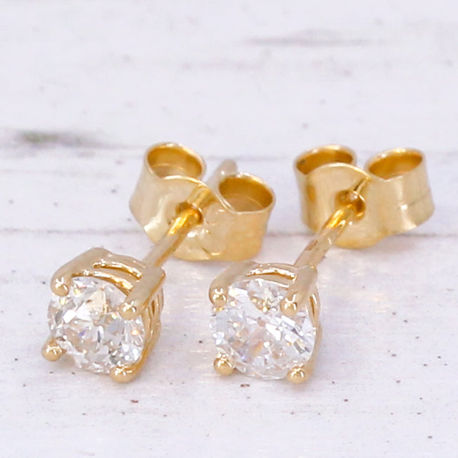 0.53 Carat Old European Cut Diamond Stud Earrings, 18k Yellow Gold