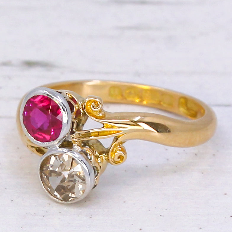 Edwardian 0.50 Carat Old Cut Diamond & 0.55 Carat Sythentic Ruby Ring, dated 1908