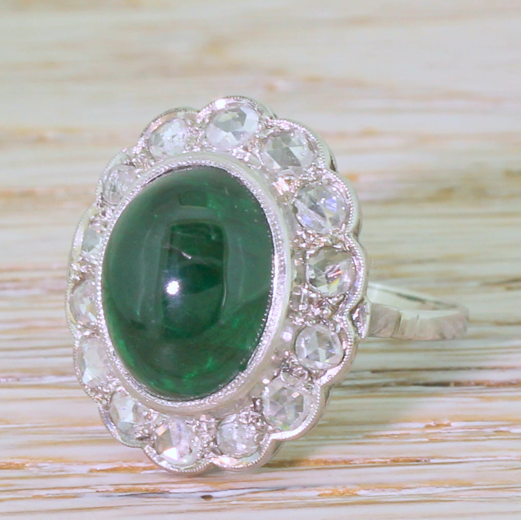 Retro 7.61 Carat Cabochon Emerald & Rose Cut Diamond Cluster Ring, circa 1955