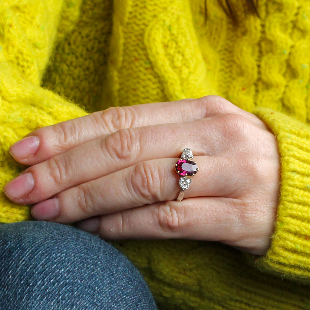 unheated ruby and diamond three stone