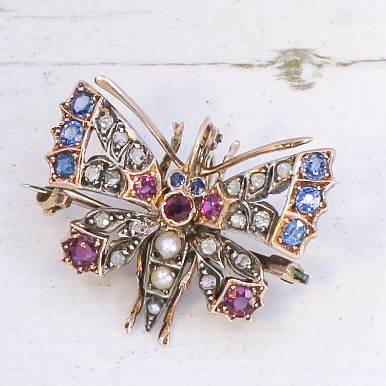 Victorian Ruby, Sapphire, Diamond and Natural Pearl Butterfly Pendant Brooch, circa 1900