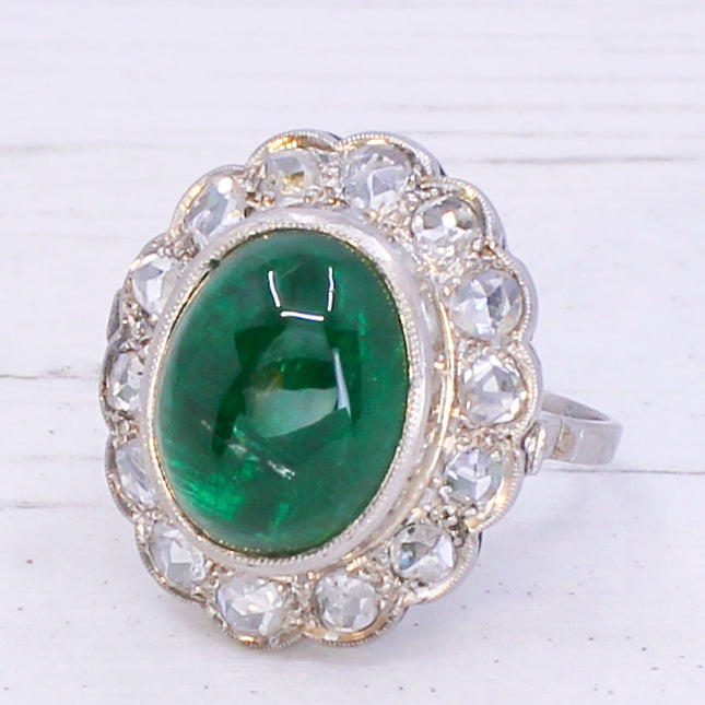 Retro 7.61 Carat Cabochon Emerald & Rose Cut Diamond Cluster Ring, circa 1955