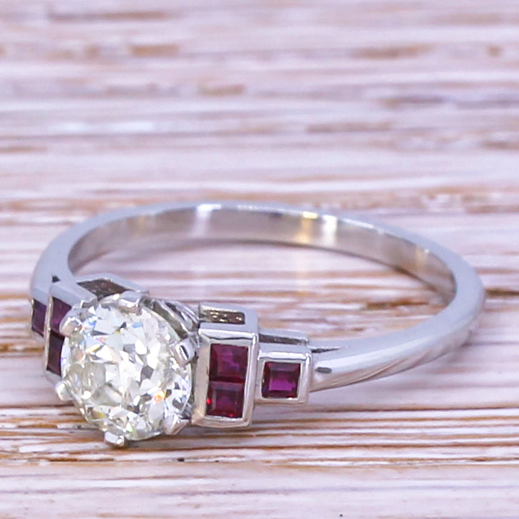 0.81 Carat Old European Cut Diamond & Ruby Ring, Platinum