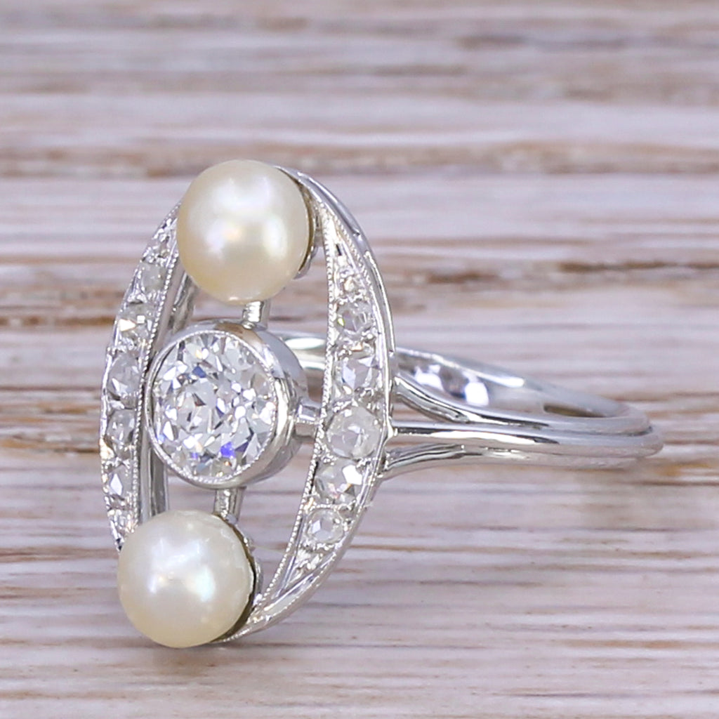 Mid Century Natural Pearl & Old Cut Diamond Ring, circa 1950