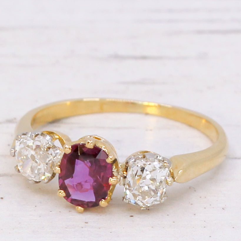 antique ruby and diamond 3 stone