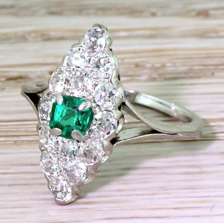 Art Deco Step Cut Emerald & Old Cut Diamond Navette Ring, French, circa 1925