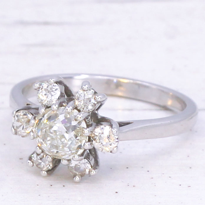 Mid Century 1.12 Carat Old Cut Diamond Cluster Ring, French, circa 1965