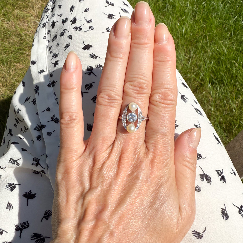 vintage pearl and diamond three stone