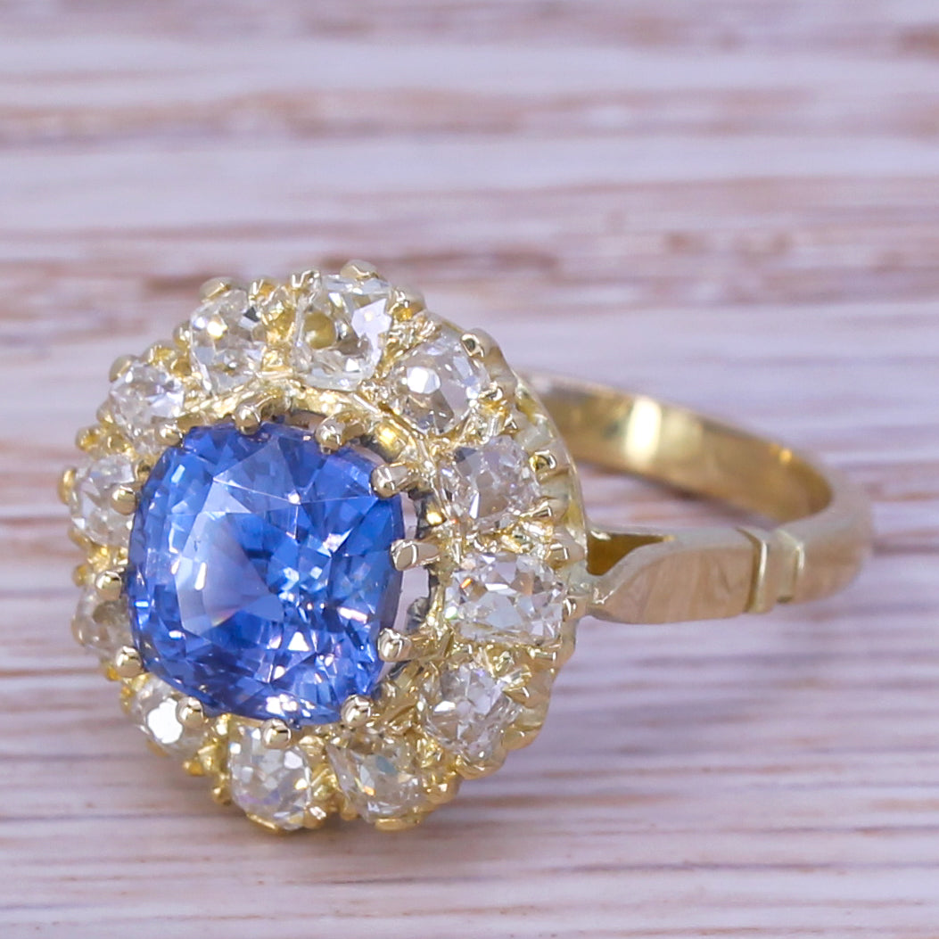 Victorian 2.99 Carat Ceylon Sapphire & Diamond Cluster Ring, circa 1900