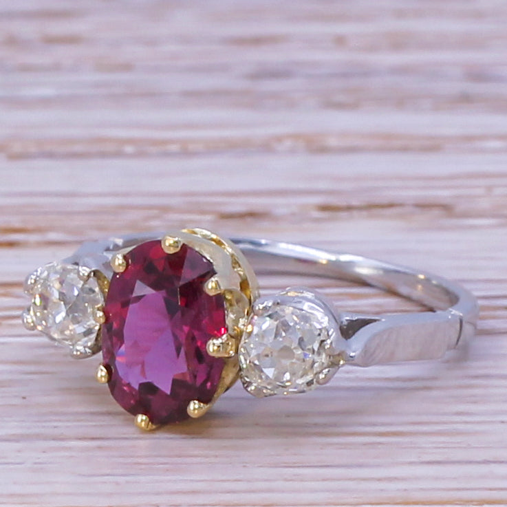 Art Deco 1.64 Carat Natural Ruby & Diamond Three Stone Ring, circa 1930