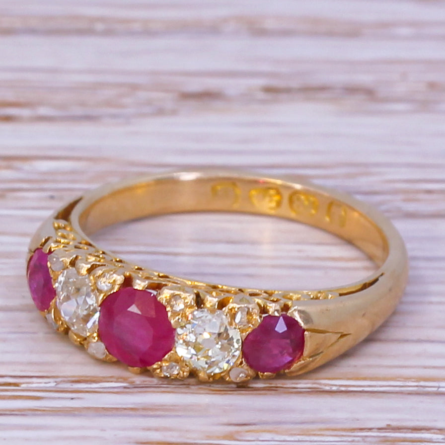 Art Deco 0.70 Carat Ruby & 0.39 Carat Diamond Five Stone Ring, circa 1930