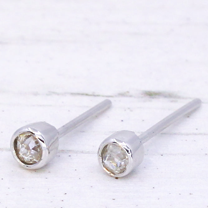 0.20 Carat Old Cut Diamond Stud Earrings, 18k White Gold