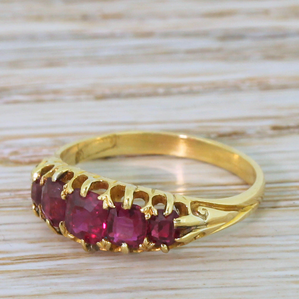 Victorian 1.00 Carat Natural Ruby Five Stone Ring, circa 1900