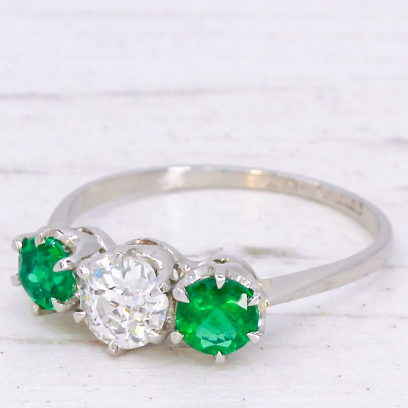 Art Deco emerald and diamond three stone
