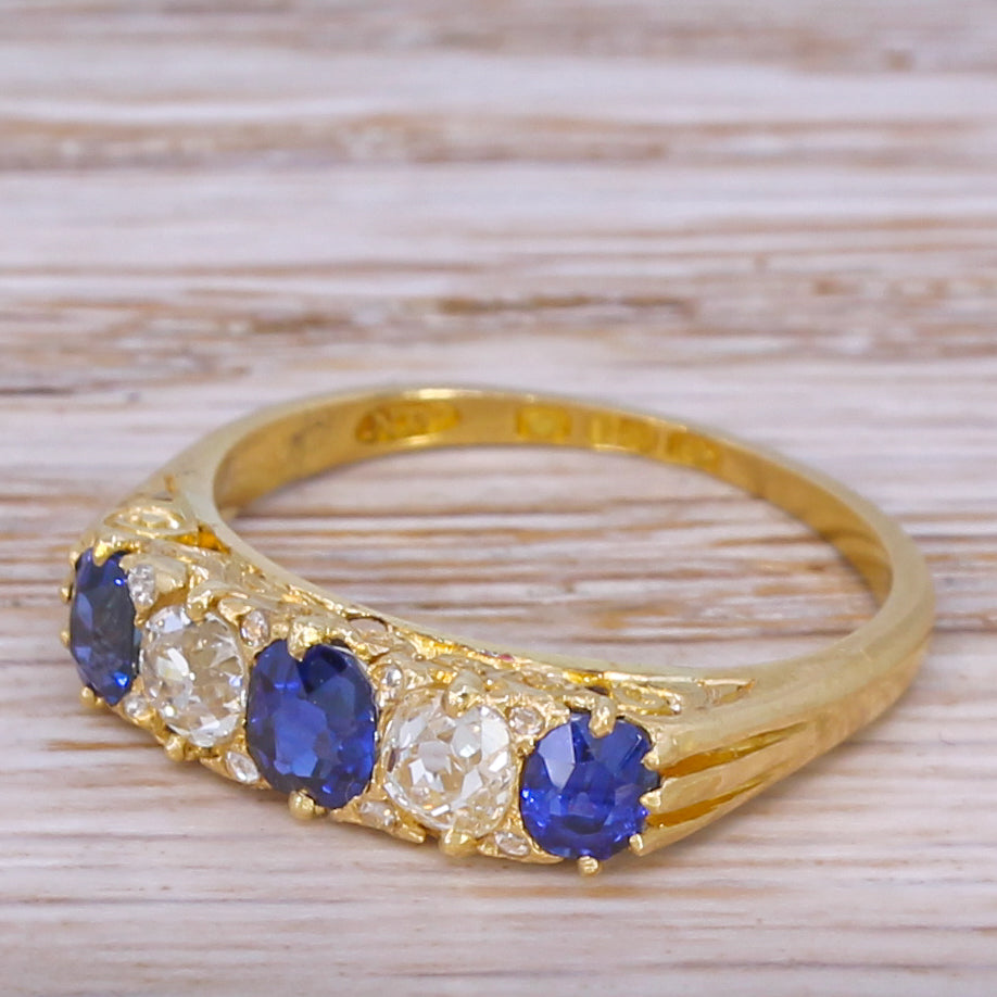 Victorian 0.80 Carat Sapphire & 0.47 Carat Diamond Five Stone Ring, circa 1890