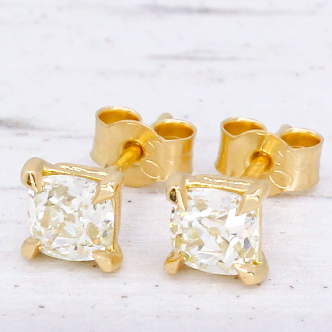 1.05 Carat Old Mine Cut Diamond Stud Earrings, 18k Gold