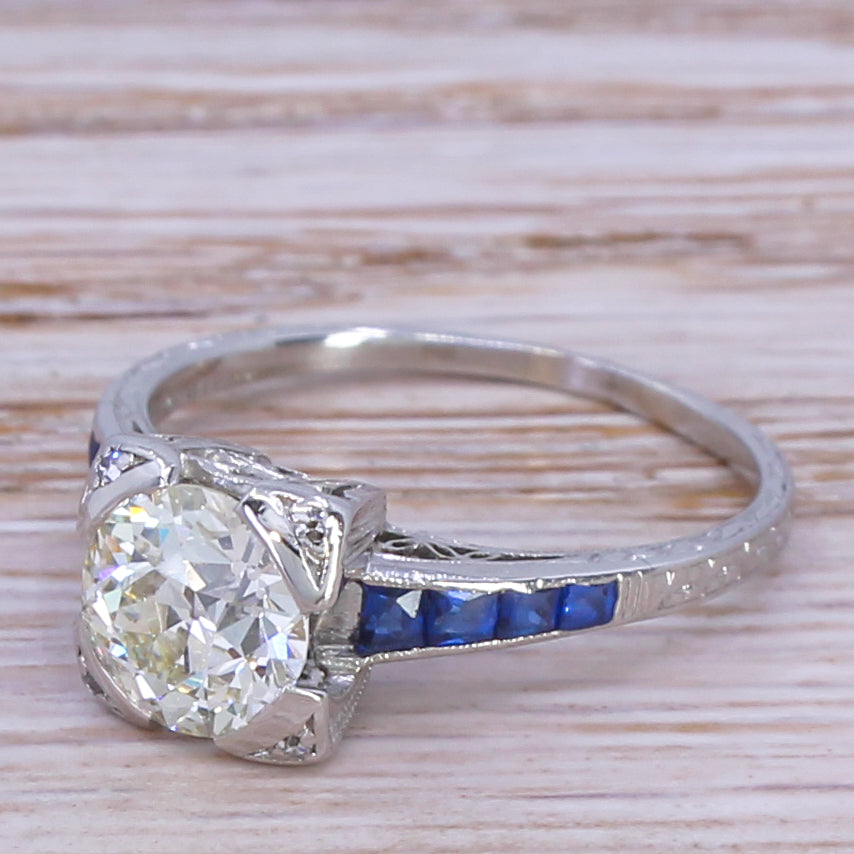 Art Deco 1.42 Carat Old Cut Diamond & Sapphire Ring, circa 1925