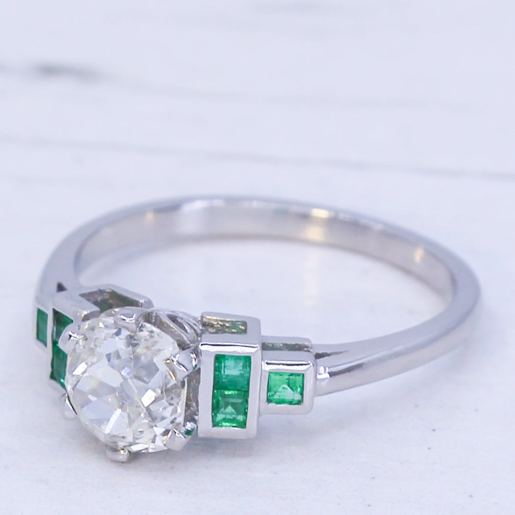 0.89 Carat Old Cut Diamond & Emerald Ring, Platinum