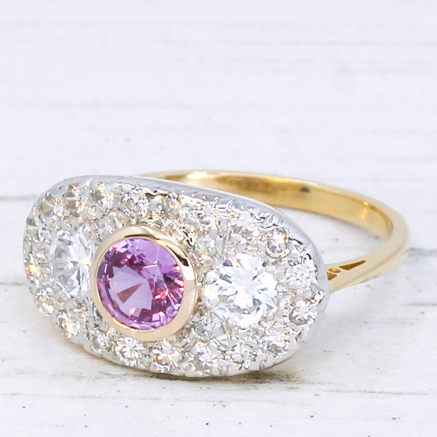 Vintage 1.08 Carat Unheated Pink Sapphire & Diamond Triple Cluster Ring, circa 1970