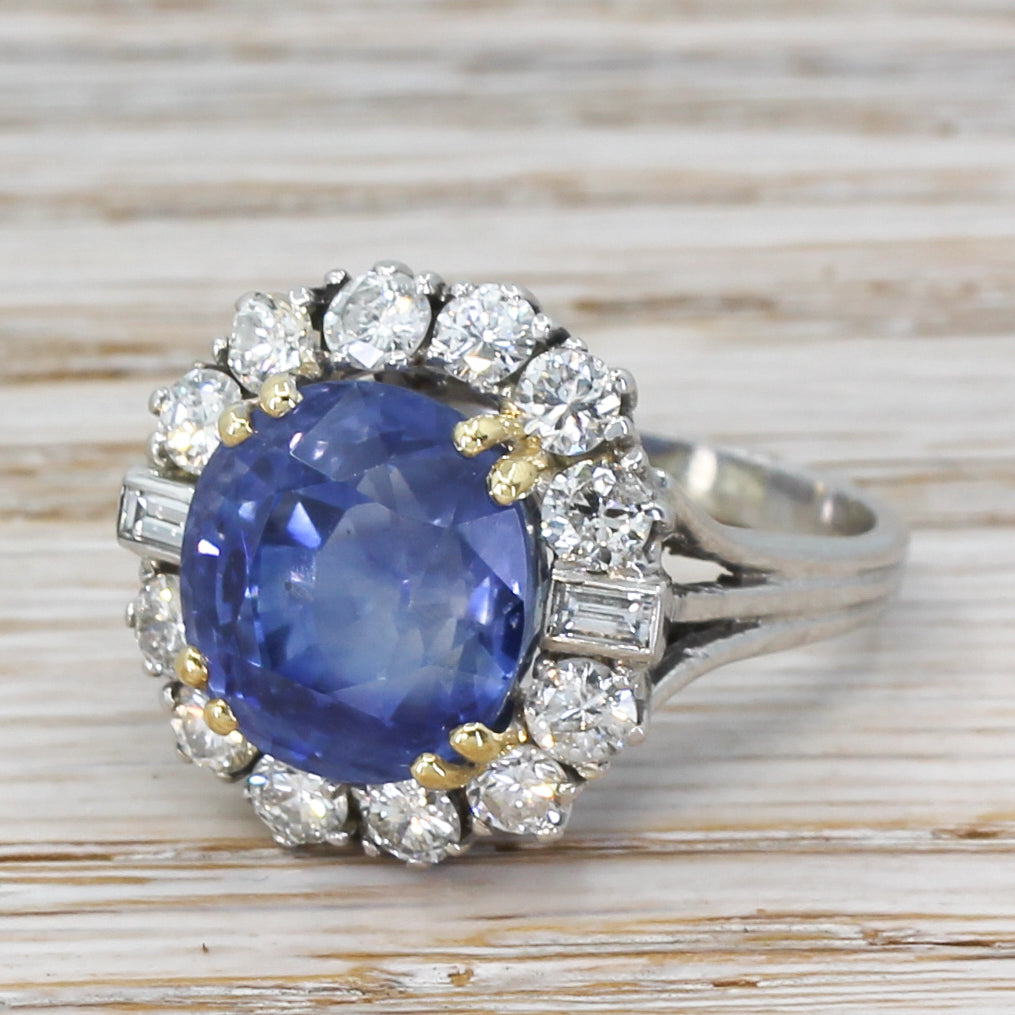 Mid Century 10.87 Carat Natural Ceylon Sapphire & Diamond Cluster Ring, circa 1965