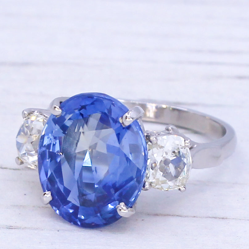 Art Deco 7.13 Carat Sapphire & 1.11 Carat Old Cut Diamond Trilogy Ring, circa 1920