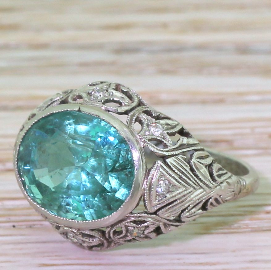 Art Deco 4.40 Carat Minor Oil Emerald Ring, dated 1930