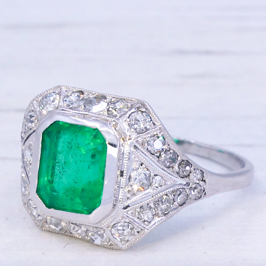 Art Deco 2.04ct Minor Oil Colombian Emerald & Diamond Ring, circa 1935