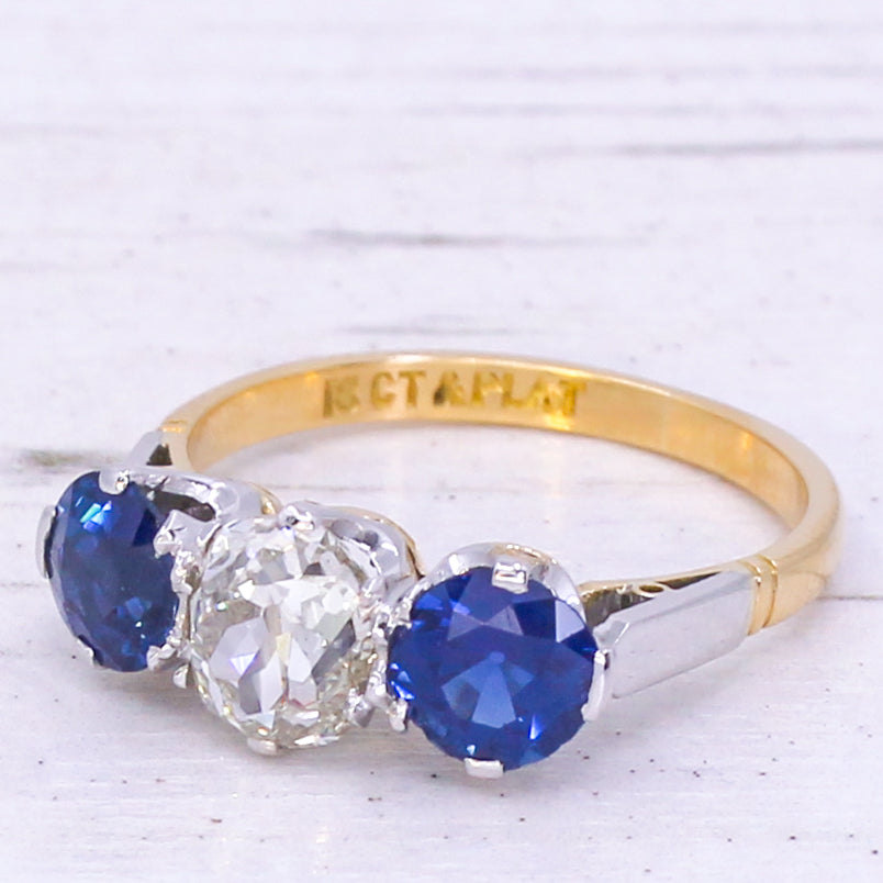 Art Deco Sapphire and Diamond Three Stone Ring